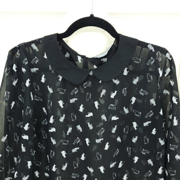 Marks & Spencer Sheer Cat-Print Peter Pan Collar Blouse Black US 8 Halloween - Picture 4 of 16